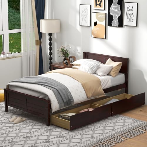 GOFLAME Twin Size Bed Frame with 2 Drawers, Platform Bed with Solid Wood Headboard & Footboard, Wood Slats Support Mattress Foundation