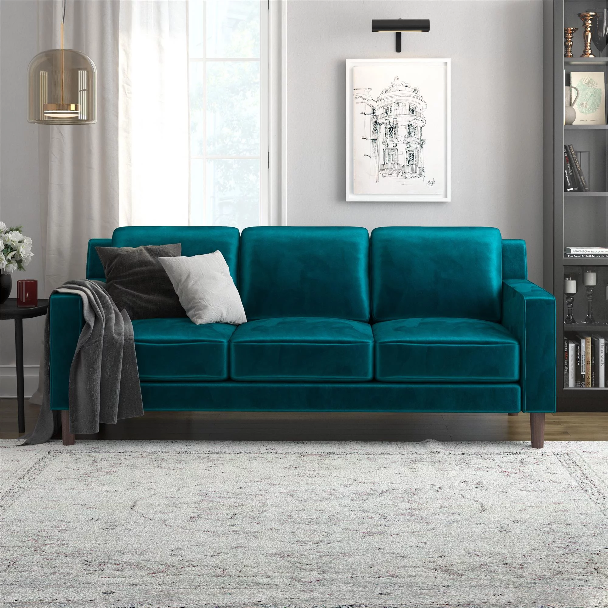 DHP Bryanna 3 Seater Sofa , Green Velvet