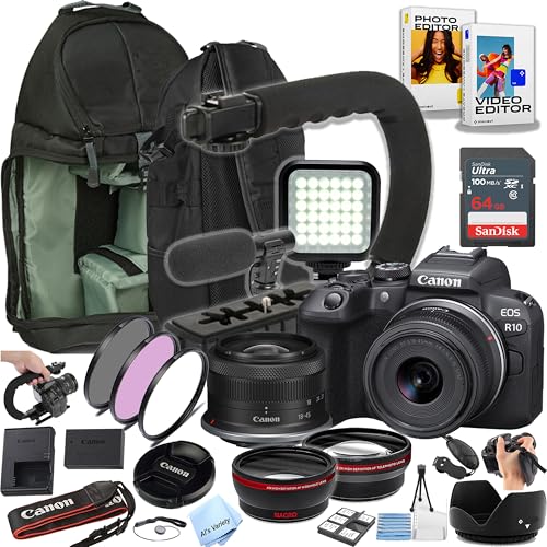 Canon EOS R10 24.2MP Mirrorless Camera with 18-45mm Lens, 64GB Ultra Memory Card, Video Light, Microphone, Filters, U-Grip, Case, Lenses
