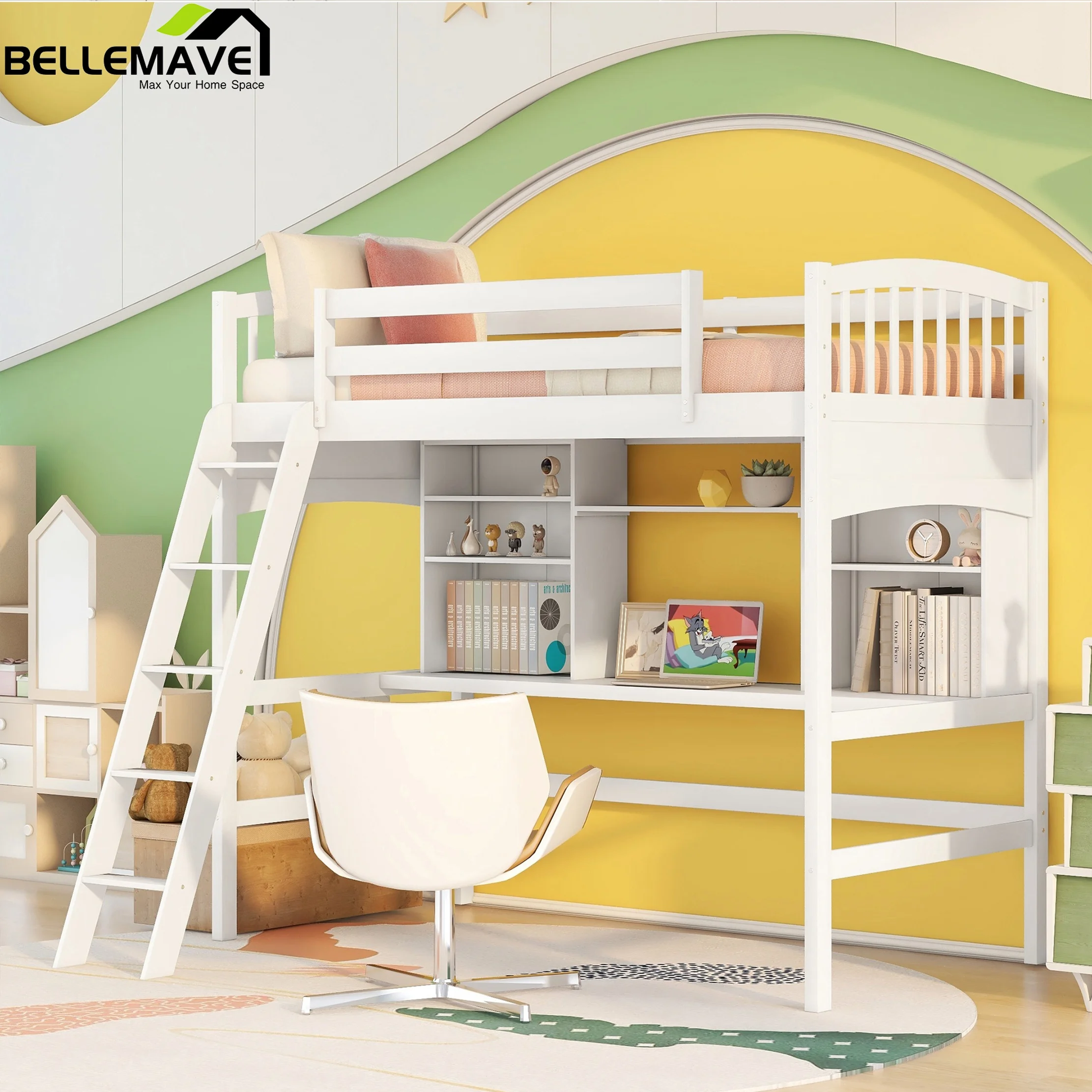 Bellemave Twin Size High Loft Bed with Storage Shelves, Desk and Ladder for Kids Bedroom,Solid Wood Bed frame with Safety Guardrails for Teens