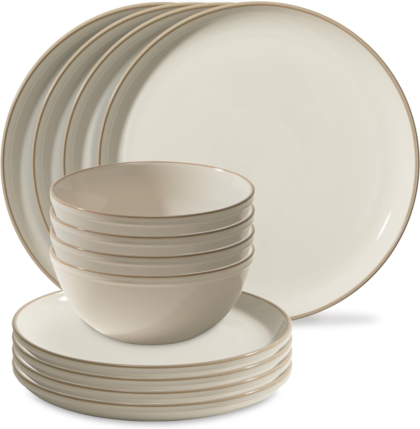 RUO Stoneware 16-Pc Dinnerware Set, Handcrafted Artisanal Double Bead Plates, Meal Bowls, Bowls and Tumblers, Solid and Reactive Glazes
