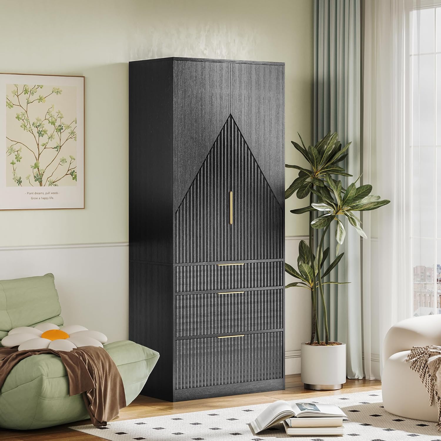 71.7 " Wardrobe Armoire Wooden Closet with 2 Doors and 3 Drawer, Bedroom Armoire with Hanging Rod Shelf, Large Capacity Storage Wardrobe Armoire