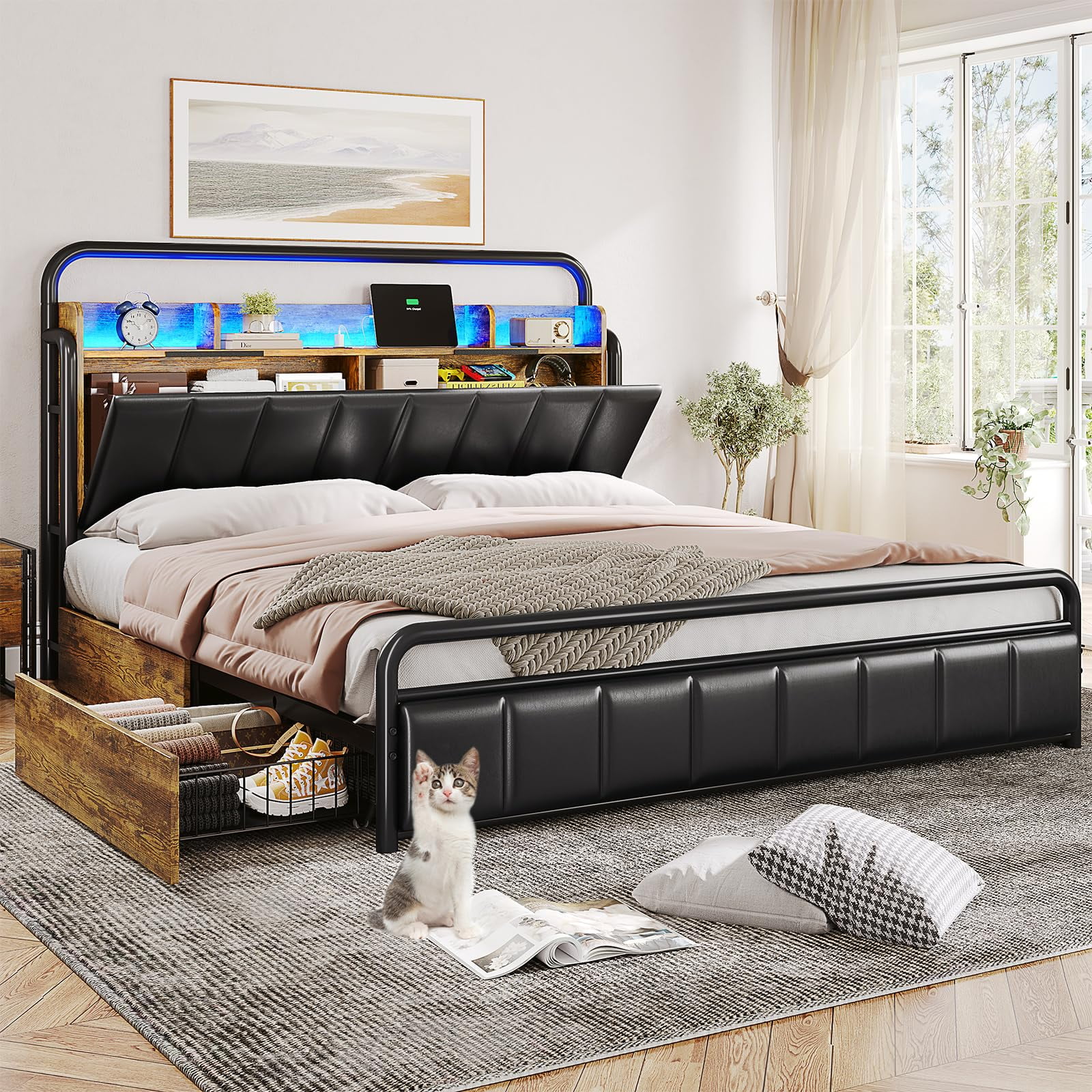 Queen Size Bed Frame with Storage Headboard & Hidden Storage Metal Platform LED Bed Frame with 4 Drawers & Charging Station,Upholstered Headboard