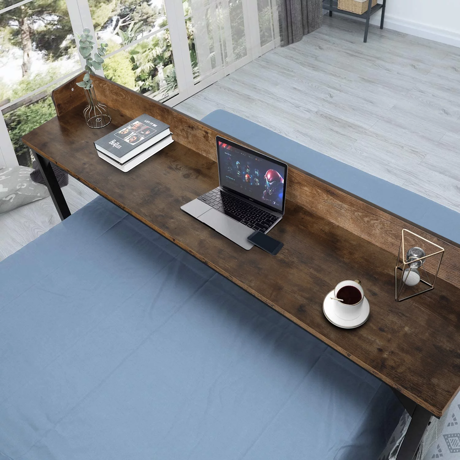 LAZY BUDDY 70.8'' Overbed Table for Queen/Full Size Bed, Mobile Dining Table Computer Desk with Wheels Brown Standing Workstation