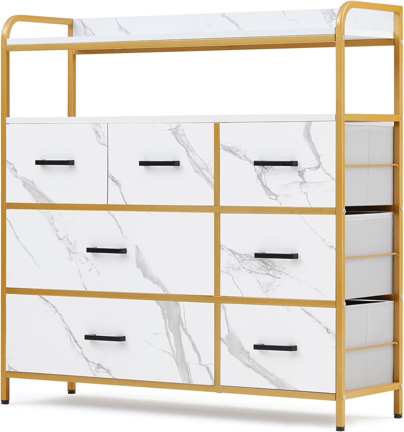 LINSY HOME Dresser for Bedroom, White Chest of Drawers with Double Shelf and 7 Drawers, Storage Organizer for Closet, Living Room, Entryway
