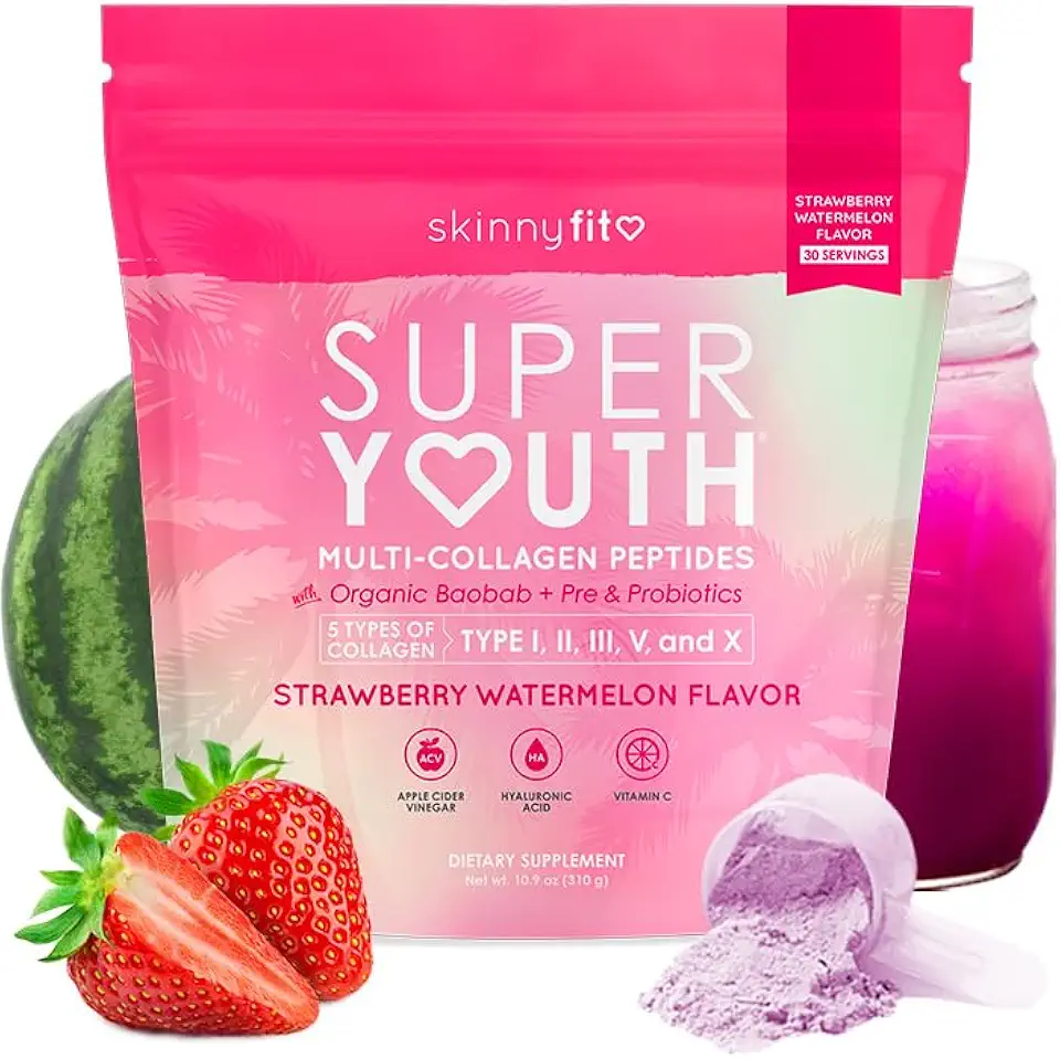 Sponsored Ad - SkinnyFit Super Youth Strawberry Watermelon Multi-Collagen Peptides + Probiotics, Baobab Fiber, Apple Cider Vinegar, Hyaluronic Acid