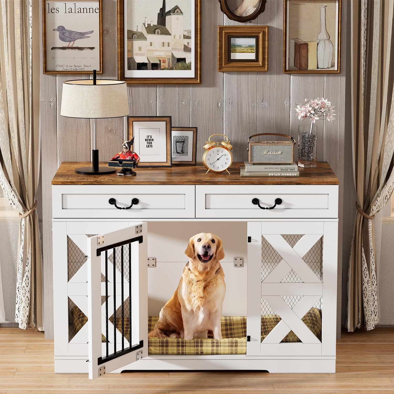 Large Dog Crate Furniture - Dog Kennel with Drawers Storage and Locks, 2-in-1 Crates for Dogs Indoor