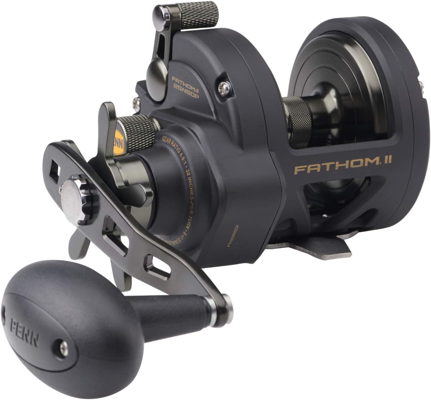PENN Fathom II Star Drag Reel, Size 25 Fishing Reel, Right Handle Position, Gear Ratio 4.8:1, Black Gold