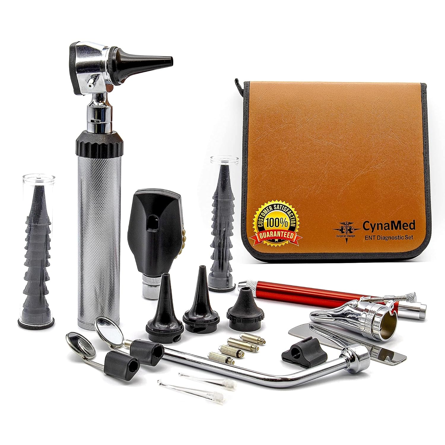 CynaMed ENT Diagnostic Kit - Ear, Nose, Throat Examination Instruments Set - Otoscope, Opthalmoscope, Earwax Remover, Nasal Dilator, Speculum