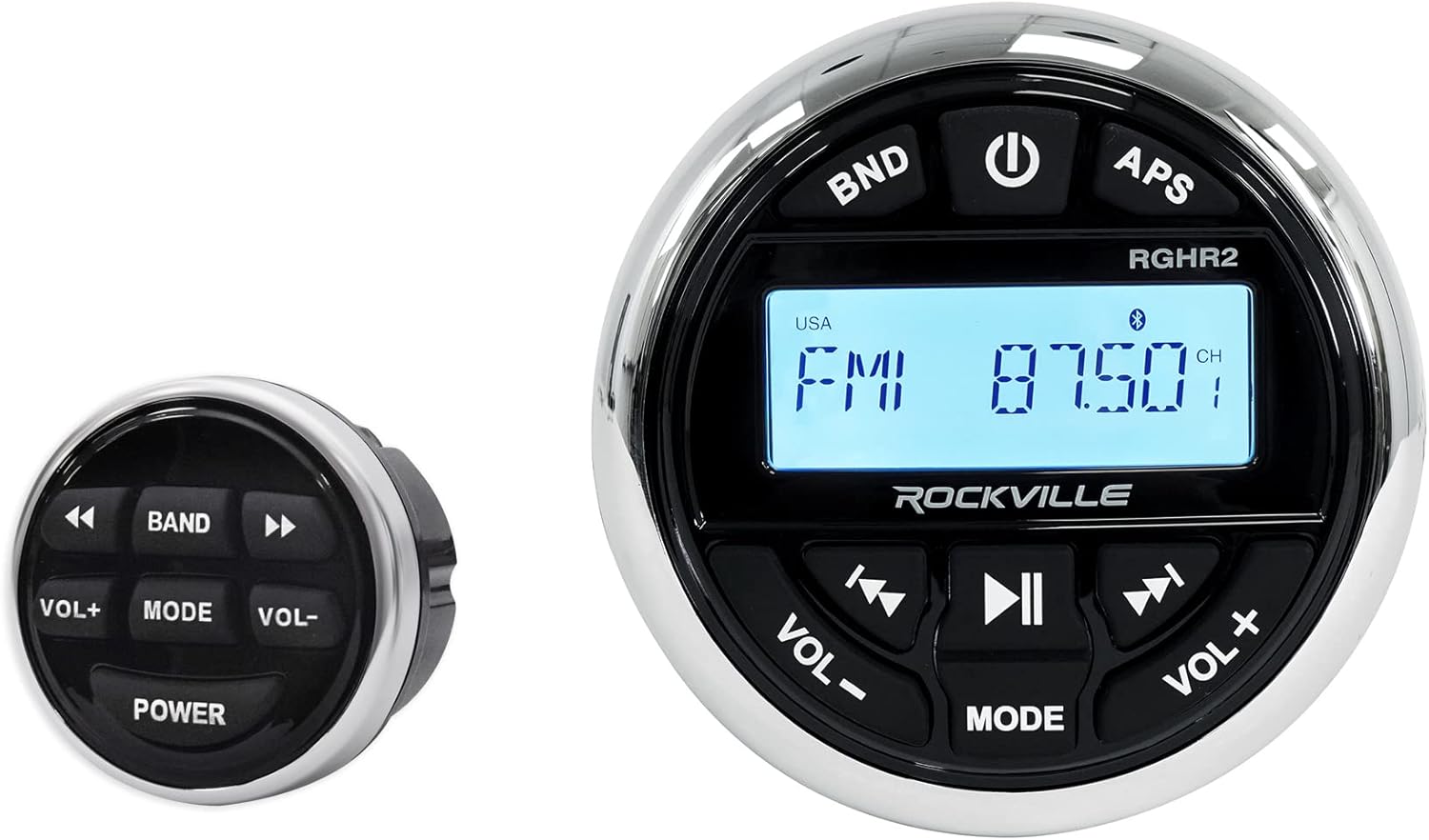 Rockville RGHR2 Marine Gauge Hole Receiver W Bluetooth USB, Radio + Wired Remote