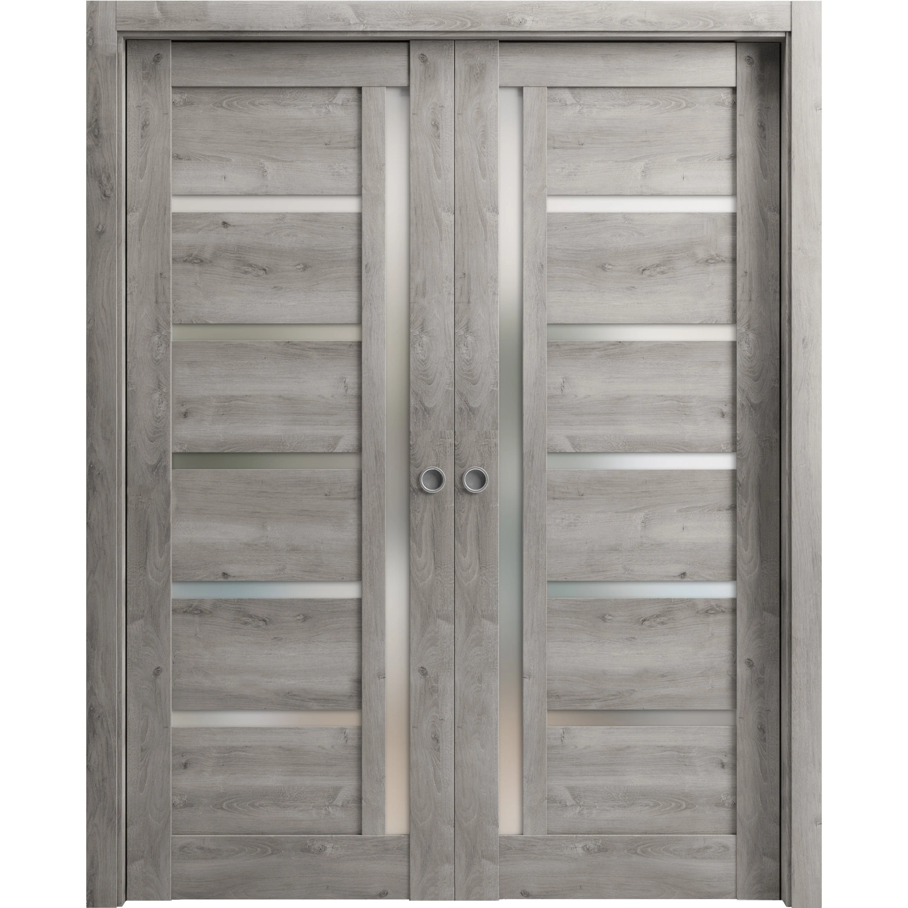 Sliding French Double Pocket Doors 84 x 80 inches | Quadro 4088 Nebraska Grey with Frosted Glass | Kit Trims Rail Hardware | Solid Wood Interior