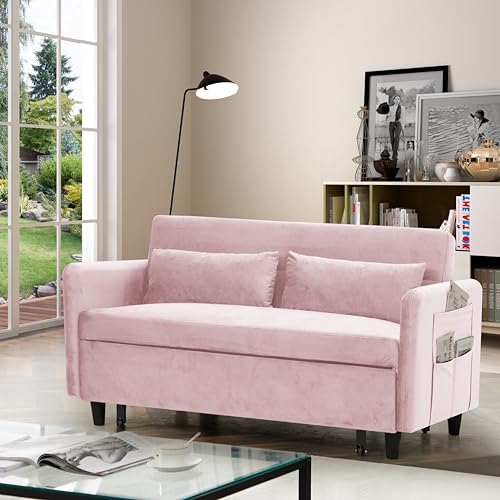 Sleeper Pullout Bed 3-in-1 Includes Two Pillows 54" Velvet Couch Sofa Reclining Backrest, Storage Pockets – Modern with Small Space for Living Room