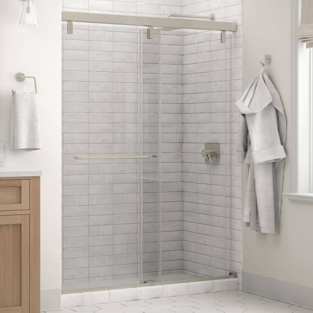 Delta Portman 60 x 71-1/2 in. Frameless Mod Soft-Close Sliding Shower Door in Nickel with 1/4 in. (6mm) Clear Glass