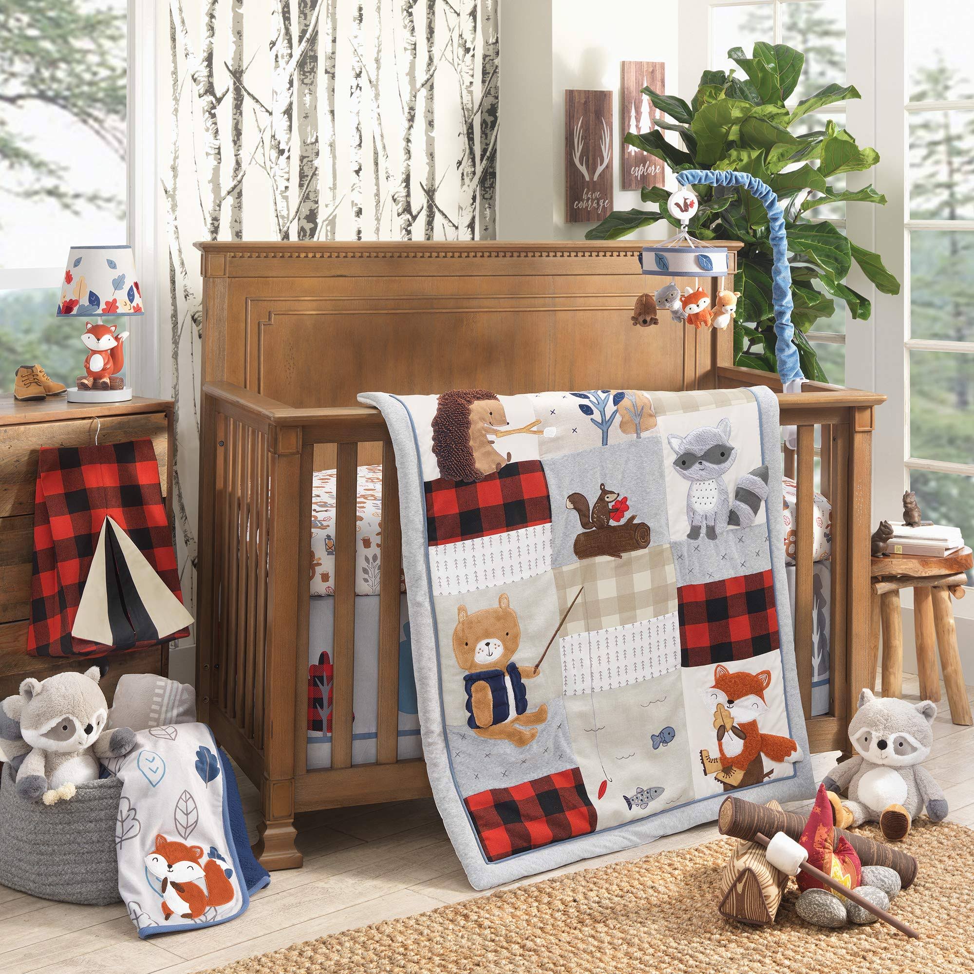 Lambs & Ivy Little Campers Woodland Animal 5-Piece Baby Crib Bedding Set - Gray, Red