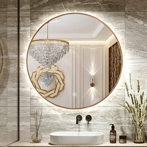 24" Round LED Bathroom Mirror, Wall Mounted Round Backlit Mirror LED Bathroom Vanity Mirror with Light Fog Free Circle Lighted Mirror with Gold Frame