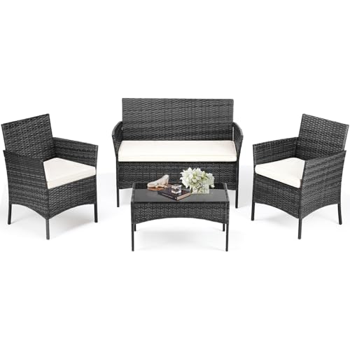 DUMOS Patio Furniture Set 4 Pieces, Outdoor Wicker Furniture with Coffee Table, Modern Rattan Patio Chairs Conversation Sets with Sofa for Garden
