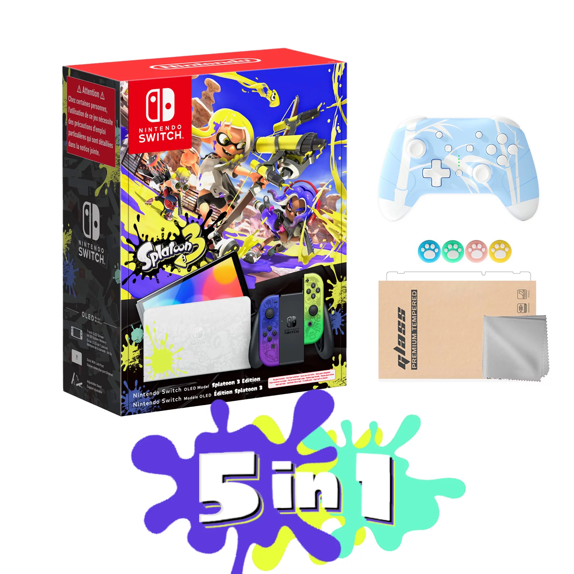 2022 Nintendo Switch OLED Splatoon 3 Limited Edition 5 in1 Bundle, Blue & Yellow Gradient Joy-Con 64GB Console, LAN-Port Graffiti-themed Dock