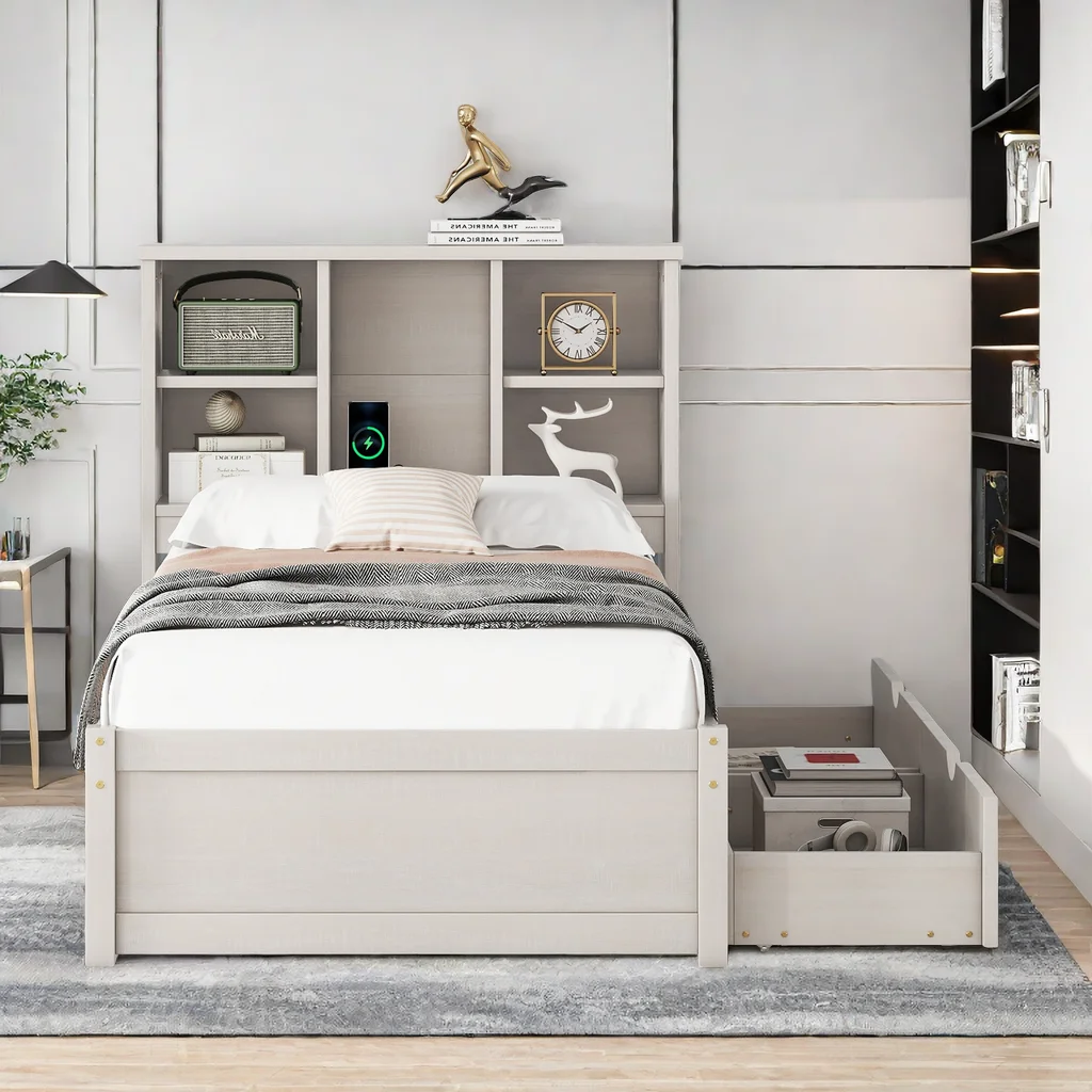 Modern Twin Size Bed Frame With Built-in USB Port on Bookcase Headboard and 2 Drawer,Platform Bed with Storage Headboard for Bedroom