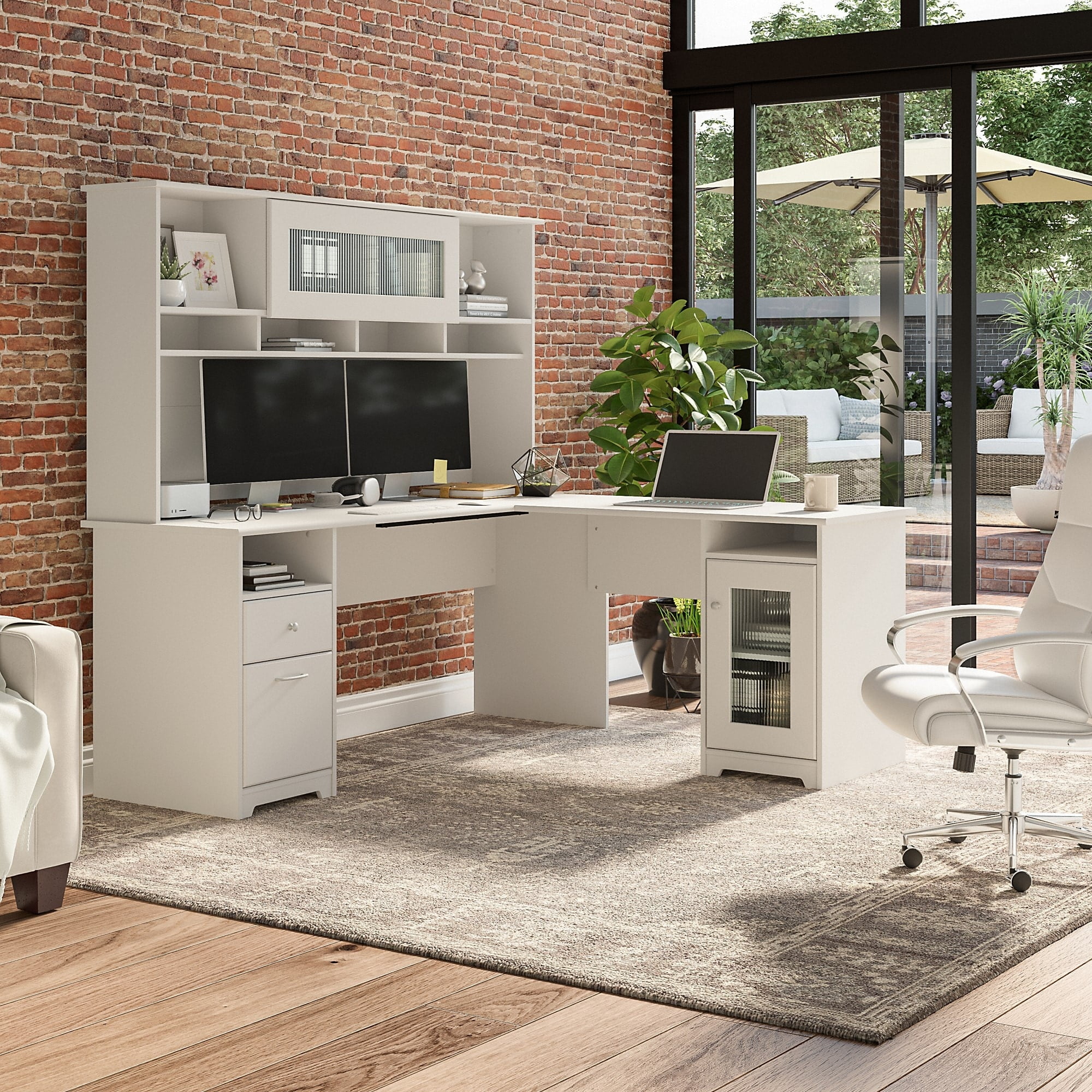 Cabot 72W L Shaped Computer Desk with Hutch in White - Engineered Wood