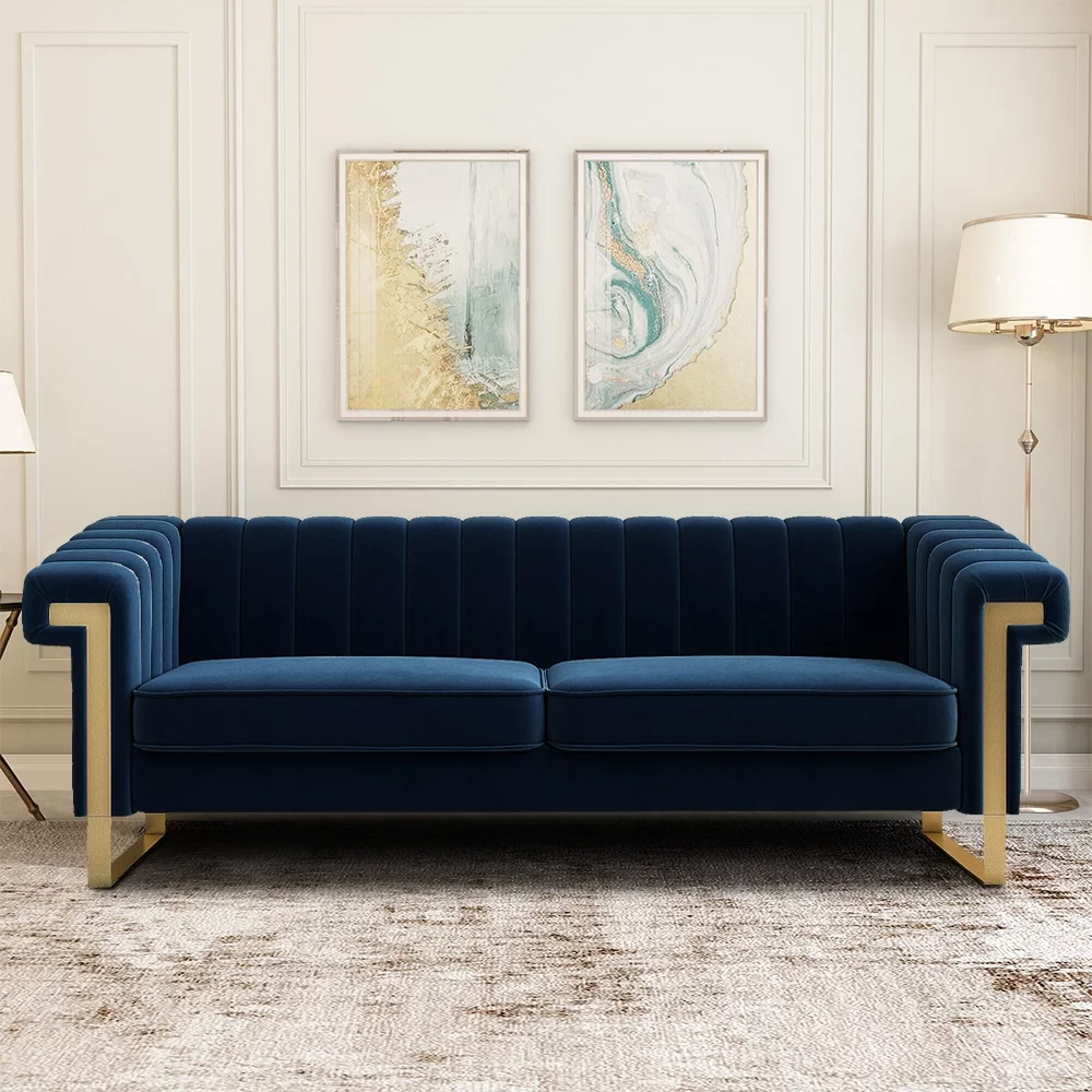 Velvet Sofa Couch, Modern Upholstered Sofa Couch, 84"L 3 Seater Sofa Couch, Mid-Century Velvet Sofa Couch for 3 with Tufted Back