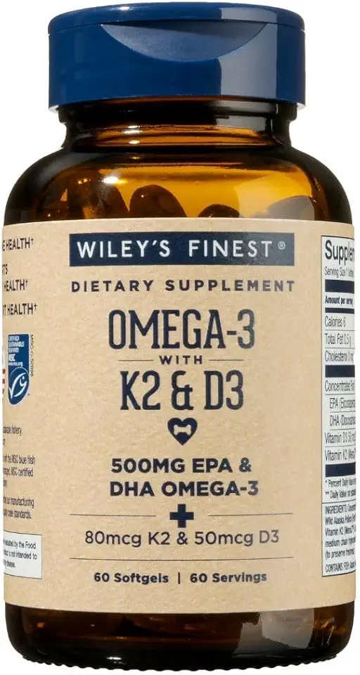 Wiley's Finest Wild Alaskan Fish Oil Vitamin K2 & D3 Softgels - 500mg of EPA and DHA Omega-3s for Bone and Heart Health Support