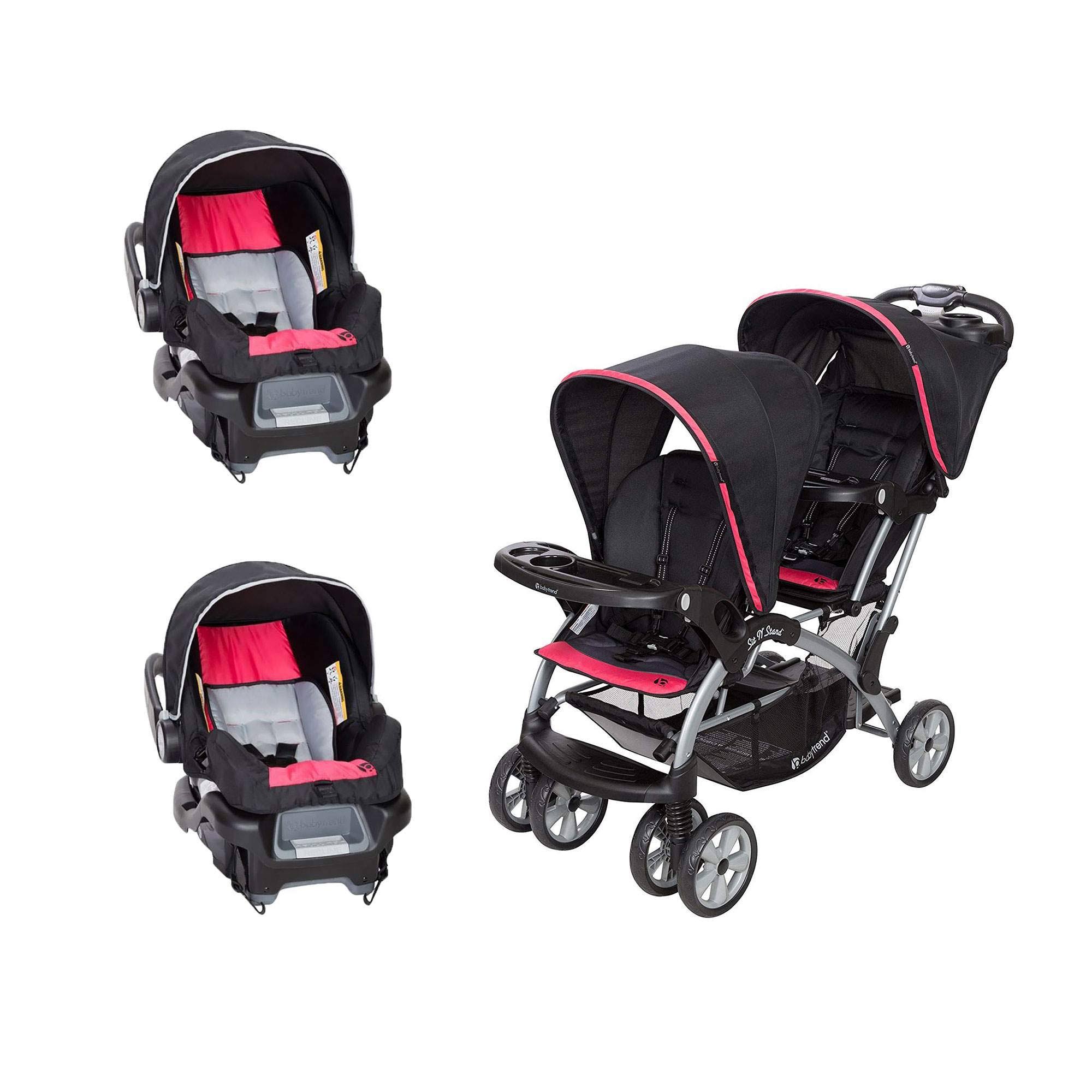 Baby Trend Sit N' Stand Double Stroller with 2 Infant Car SEATS Optic Pink