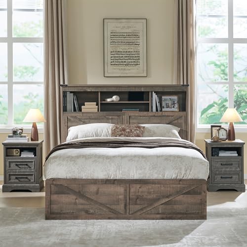 Queen Size Wood Bed Frame Farmhouse with 52" Tall Storage Bookcase Headboard, LED Light,Charging Station,4 Drawers and Solid Wood Slats Support