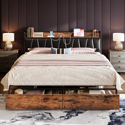 LIKIMIO Full Size Bed Frame, Storage Headboard with Charging Station, Platform Bed with Drawers, No Box Spring Needed, Easy Assembly