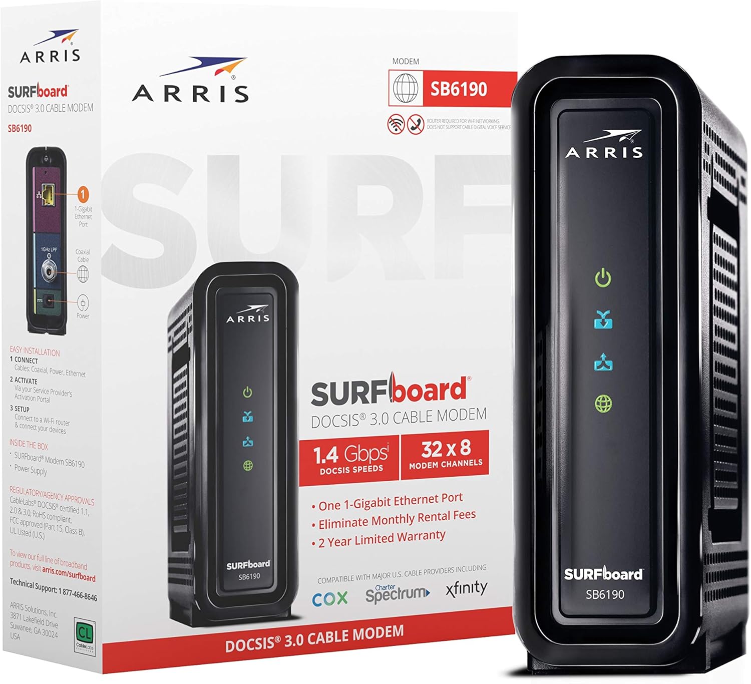 ARRIS SURFboard SB6190 DOCSIS 3.0 Cable Modem, Approved for Cox, Spectrum, Xfinity & others (Black), 800 Mbps Internet Plan Pack of 2