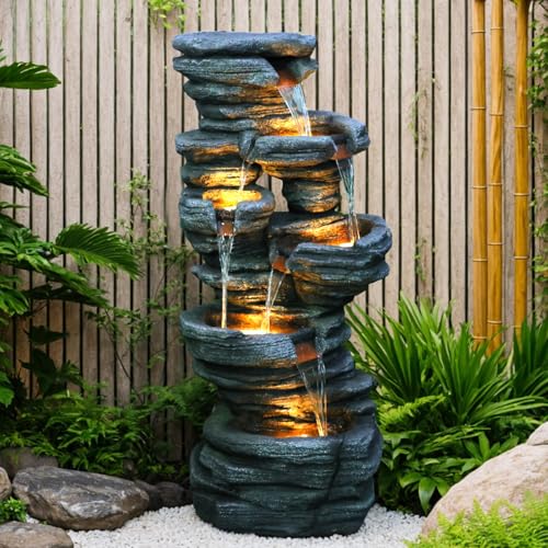6-Tier Cascading Rock Water Fountain Outdoor Garden Waterfall Decor for Garden, Patio, Backyard, Deck, Porch and Home Art Decor