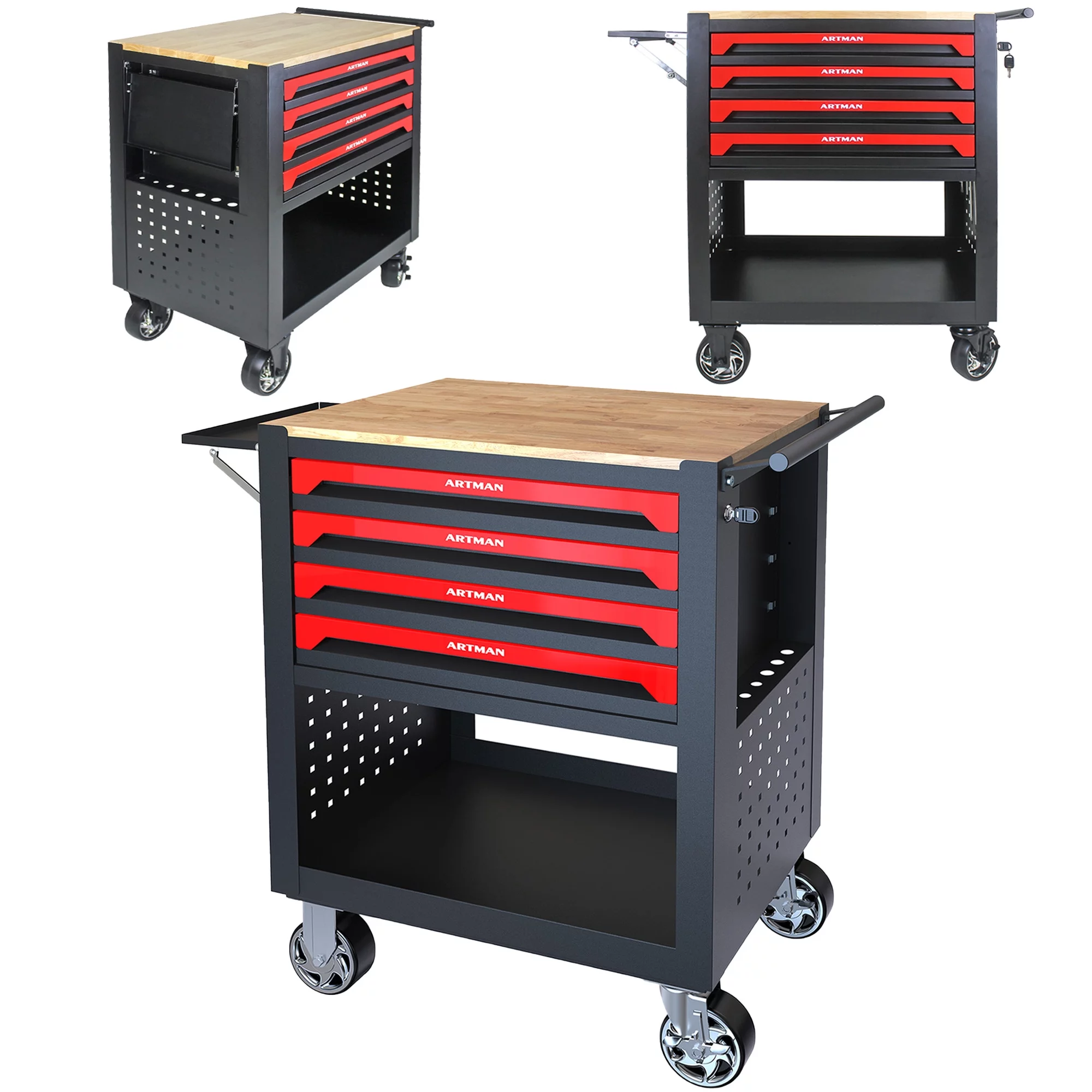 Seizeen 4-Tier Rolling Tool Cart, Multi-Purpose Mechanic Tool Chest On Wheels with Cabinet, Extended Tray & Handle