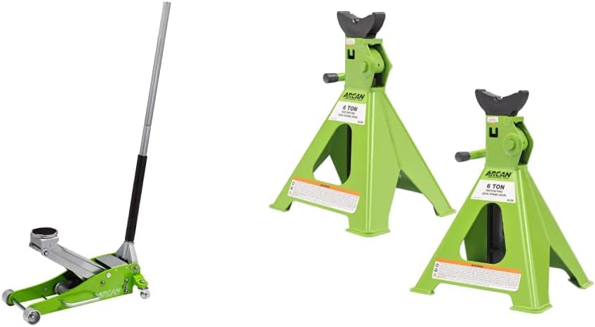Arcan 3 Ton (6,000 lbs.) Hybrid Heavy Duty Aluminum and Steel Low Profile Floor Jack (A20001_A20004) and Arcan 6-Ton Steel Jack Stands (ALJS6)