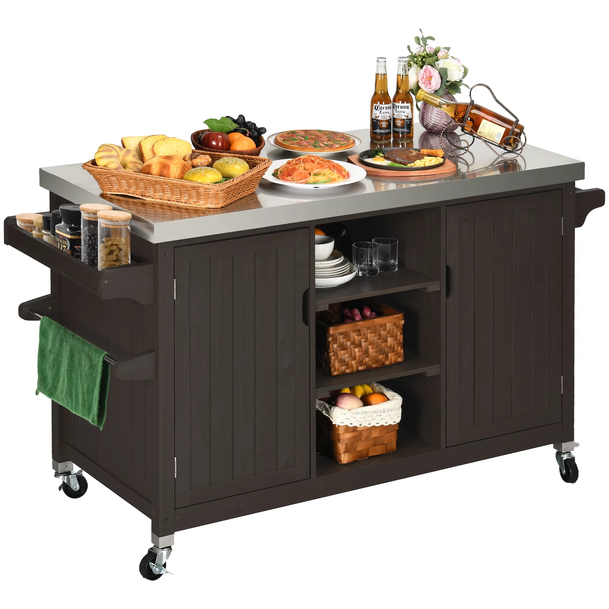 Dextrus XL Solid Wood Outdoor Storage Cabinet - Versatile Movable Outdoor Grill Cart with Stainless Steel Top, Spice Rack, and Side Handle