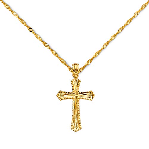 14k Yellow Gold Cross Religious Pendant Charm Singapore Necklace Chain Set