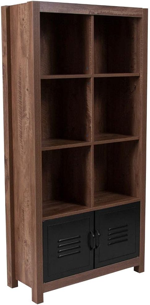 Flash Furniture New Lancaster Collection 59.5H 6 Cube Storage Organizer Bookcase with Metal Cabinet Doors in Crosscut Oak Wood Grain Finish