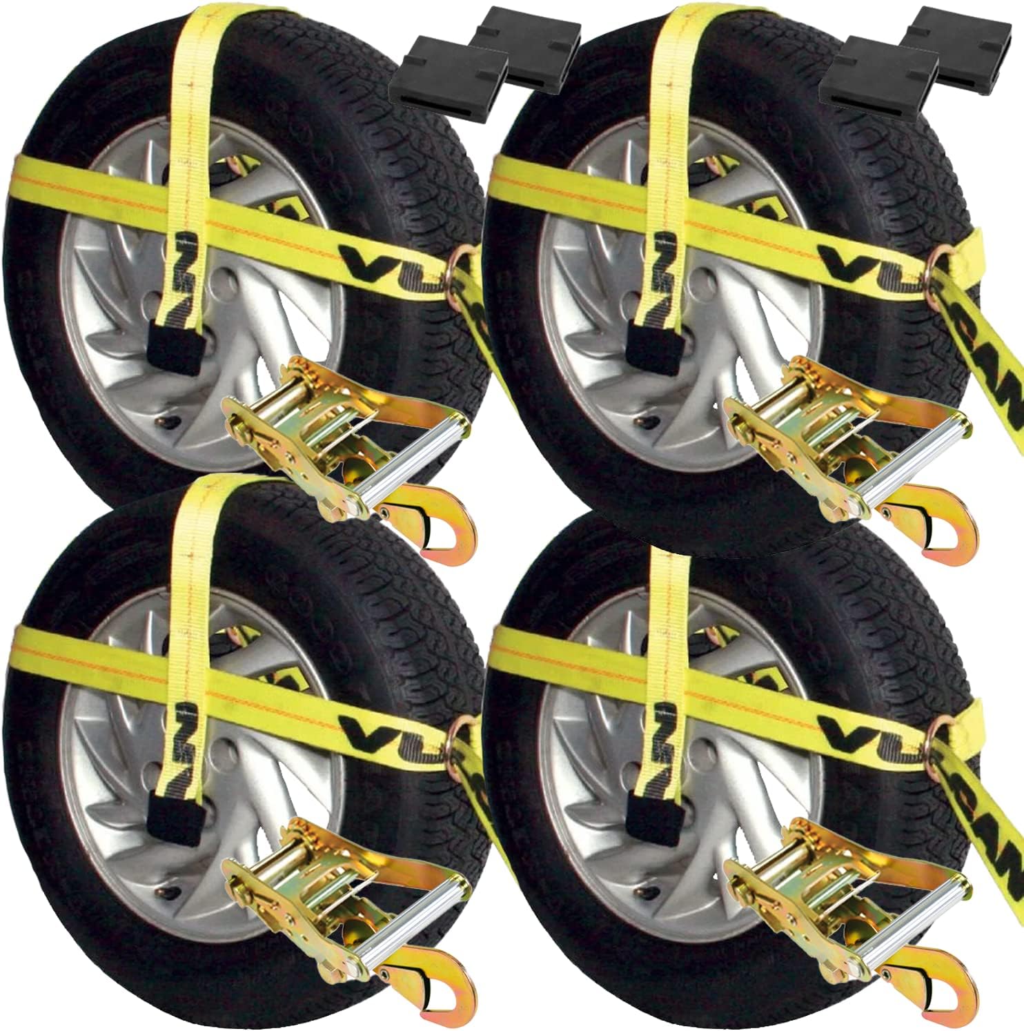 VULCAN Car Tie Down Kit - Adjustable Loop - Snap Hooks - Classic Yellow - Complete Kit Includes 4 Straps and 4 Ratchets