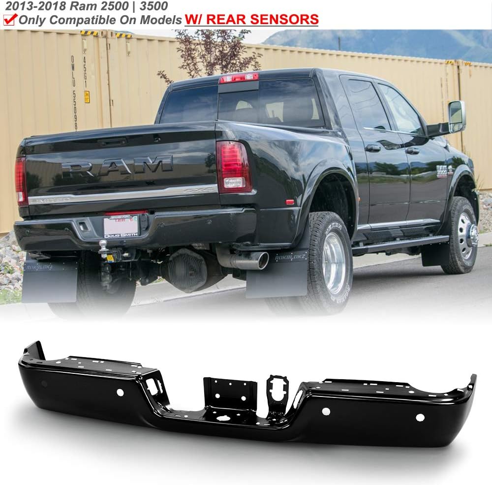ACANII - For 2013-2018 Dodge Ram 2500 3500 w/Sensor Holes Black Powder Steel Rear Step Bumper Face Bar Assembly
