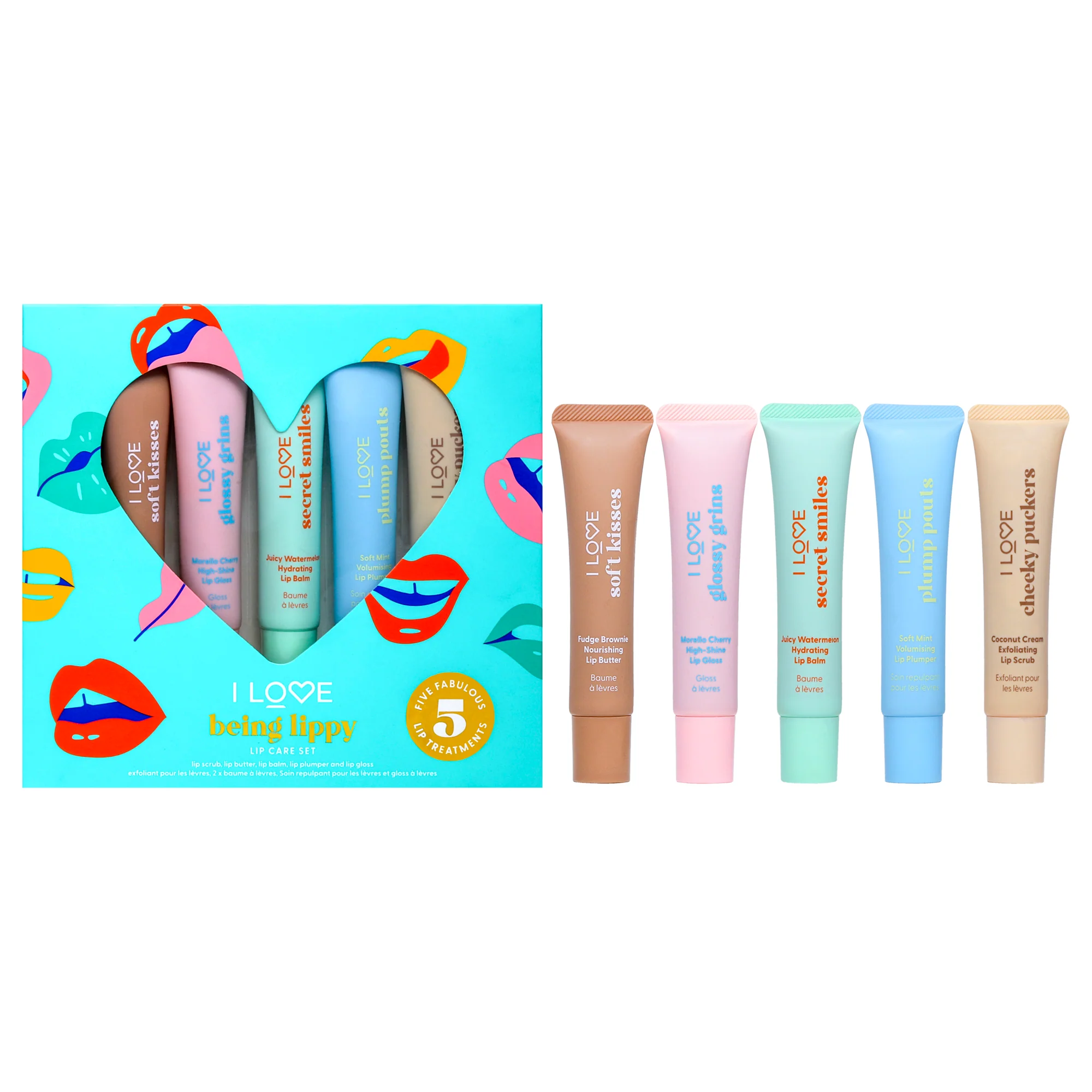 Being Lippy Lip Care Set by I Love Cosmetics for Women - 5 Pc 0.5oz Cheeky Puckers Coconut Cream Exfoliating Lip Scrub