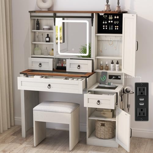 Farmhouse Vanity Desk with Mirror and Lights, Makeup Vanity with Charging Station & Jewelry Cabinet, 42” Glass Tabletop, 4 Drawers