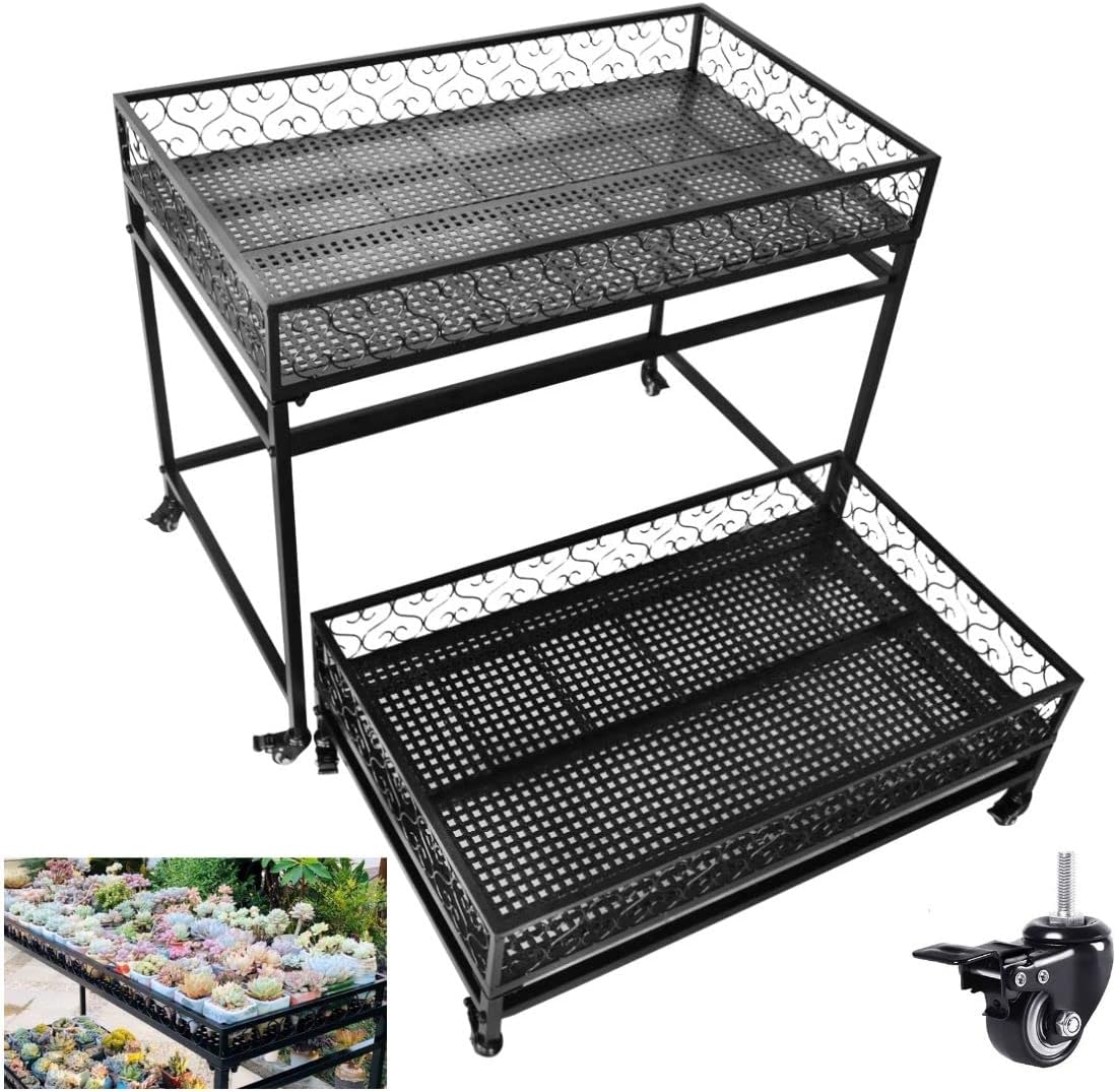2-Tiers Metal Mobile Raised Garden Succulent Flower Stand, Floor Standing Elevated Balcony Planter Garden Stand with Wheels