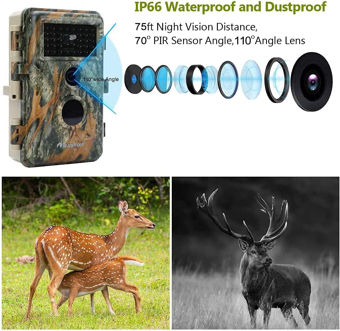 5-Pack Game & Trail Cameras 24MP 1296P H.264 MP4 Video 75ft Night Vision Time Lapse Wildlife Deer Hunting Cams No Glow Infrared Motion Activated IP66