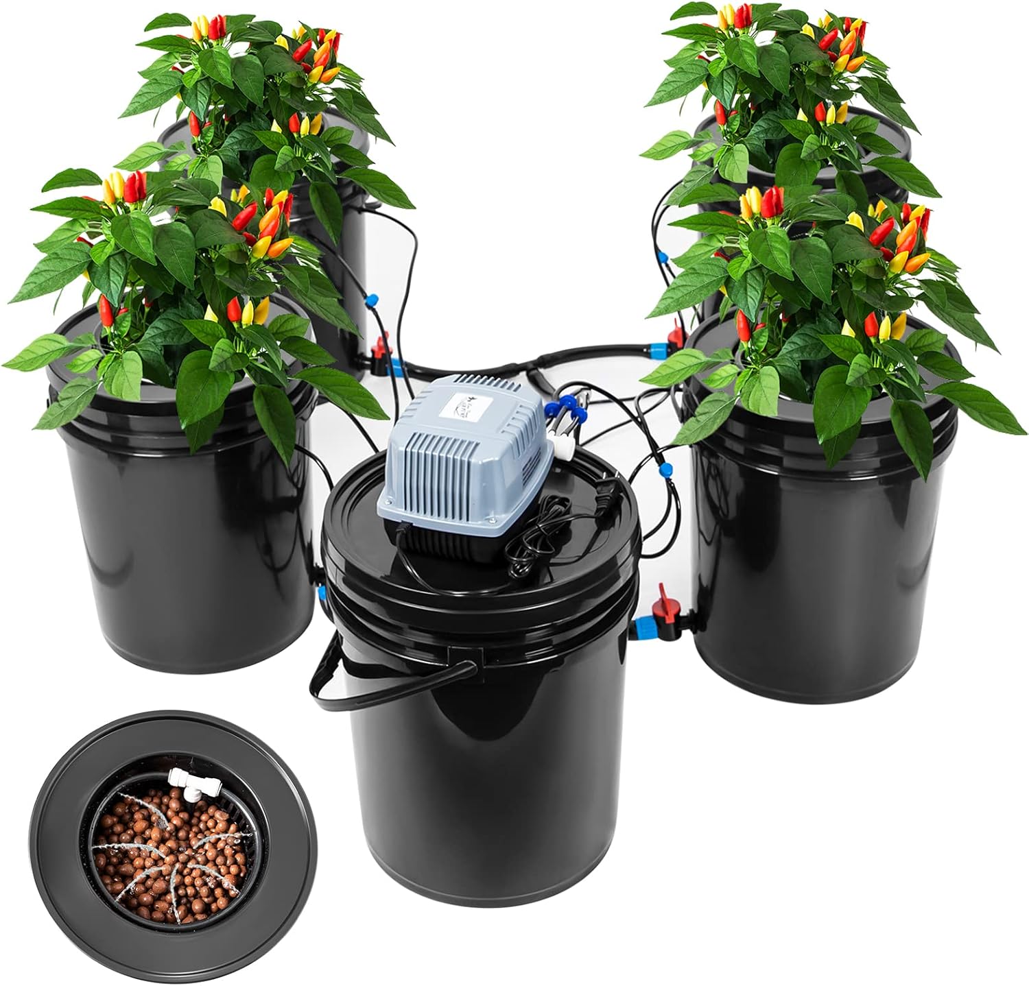 Hydroponics Growing System 5 Gallon DWC Hydroponic Bucket Kit Multi Barrel Hydroponic Machine Drip Irrigation System for Vegetables (4 Bucket +