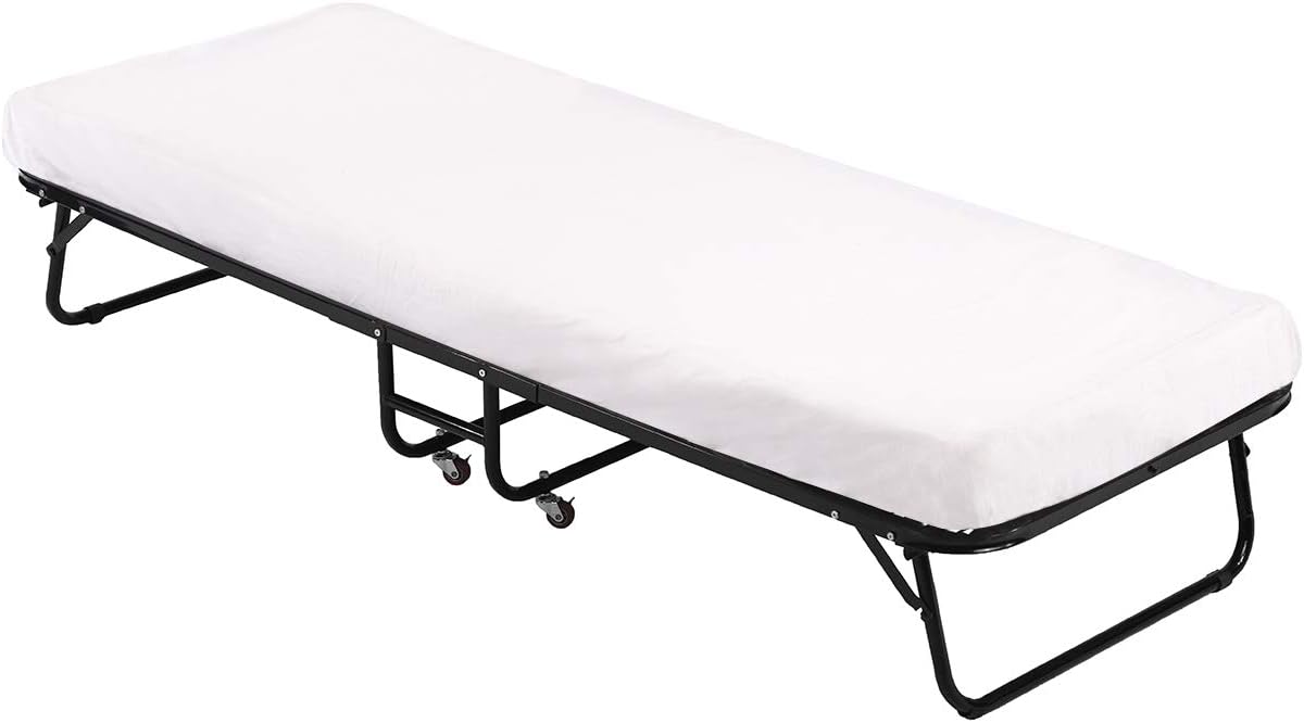 Folding Guest Bed with Wheels Portable Camping Cot Guest Beds Portable Beds Extra Roll Away Foldaway 3.9 Inch Comfort Foam Mattress Strong Sturdy