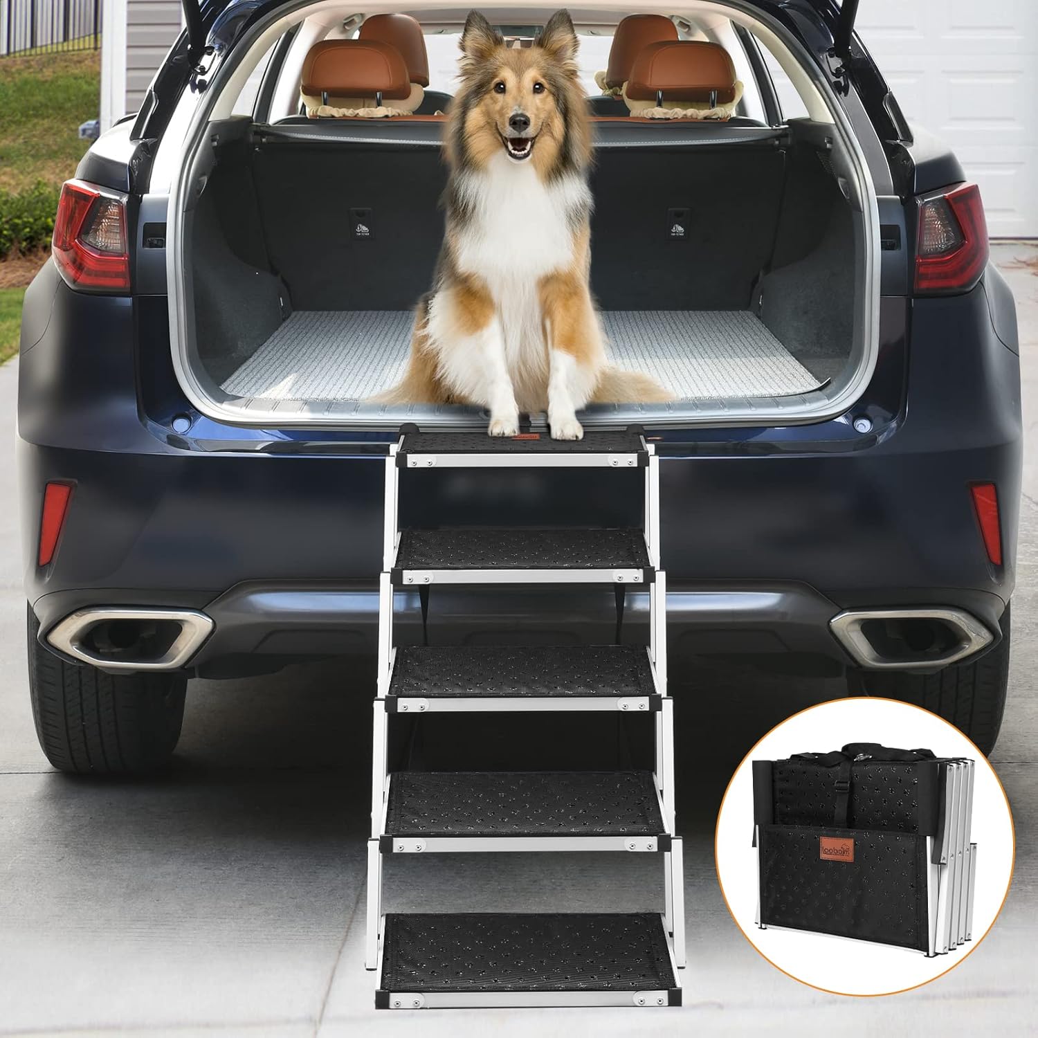 Dog Car Ramp for Large Dogs, LOOBANI Lightweight Dog Stairs Support up to 200lbs, Folding Agility Dog Ramp with Increased Nonslip Surface