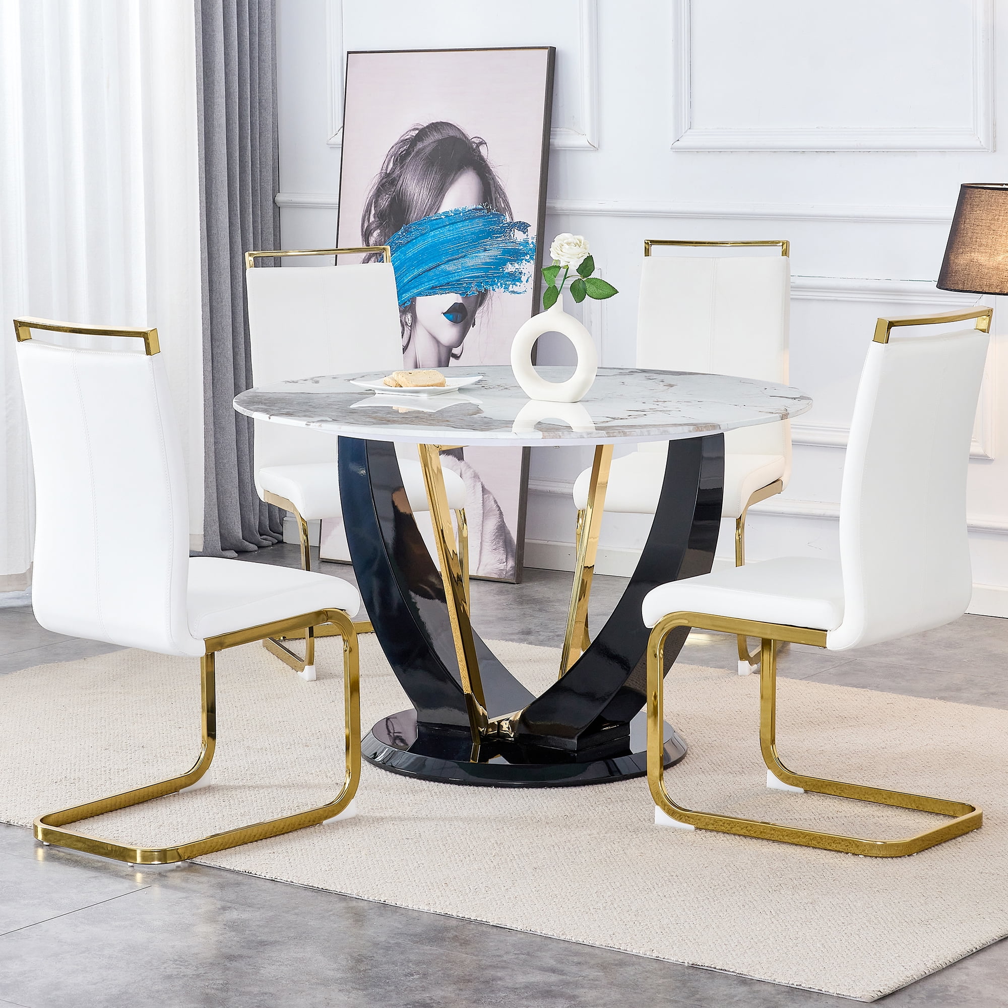 5 Piece Round Dining Table Set, Atumon Kitchen Dining Table with 4 White PU Leather Chairs, Modern Dining Room Set for 4