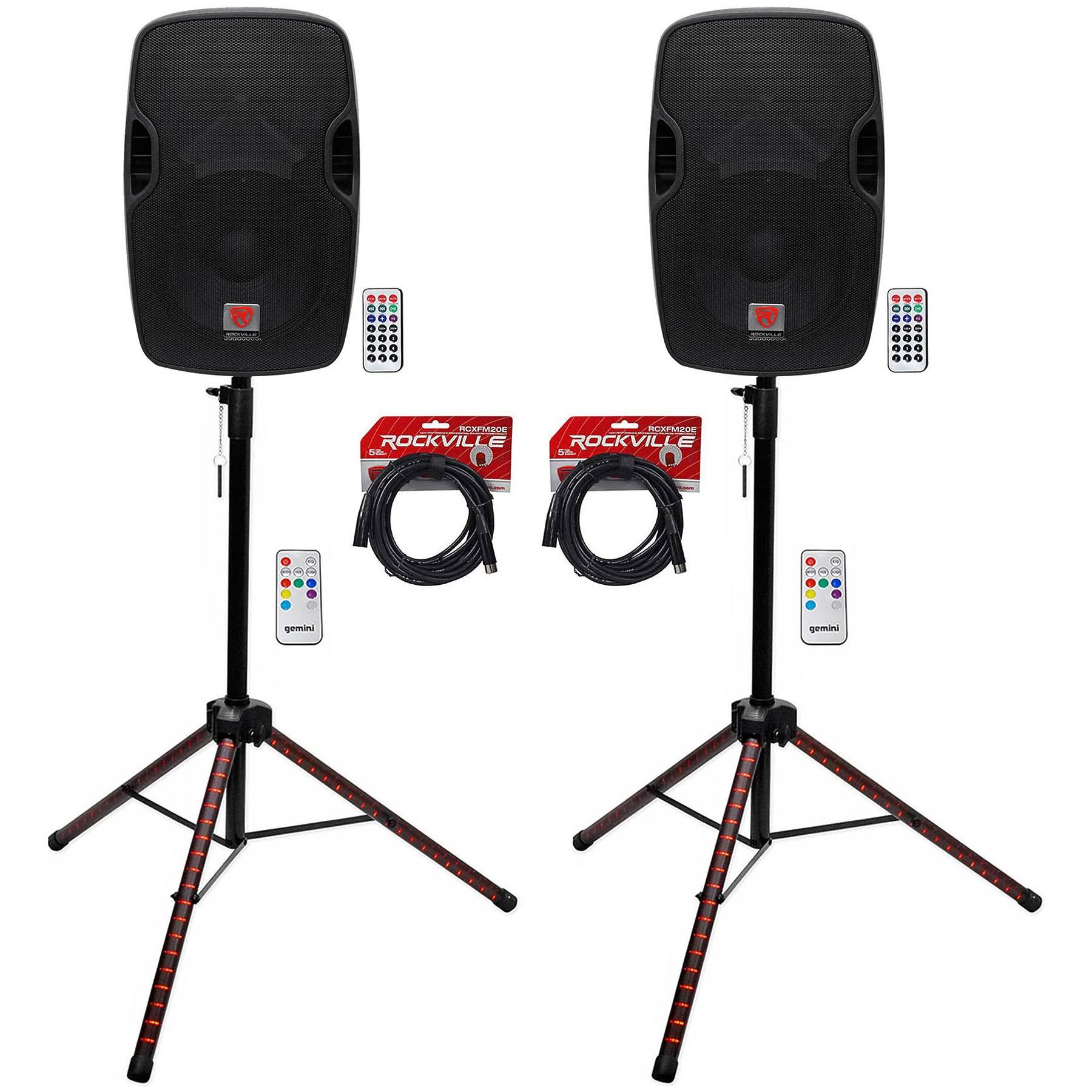 (2) Rockville BPA12 12x22 Powered 600W DJ PA Speakers wBluetooth+LED Stands+Cables