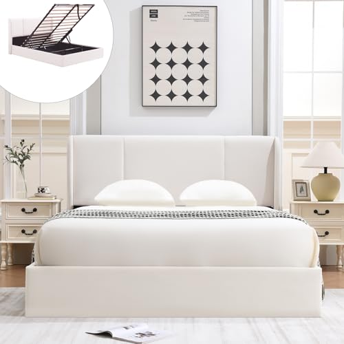 VELOCAVA Queen Size Lift Up Storage Bed with Modern Wingback Headboard, Upholstered Platform Bed with Fabric with Hydraulic Support Bars