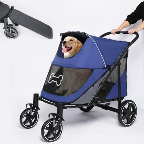 Dog Stroller for Large Dogs Up to 80 lbs One-Click Foldable Medium Dogs Pet Stroller with Access Ramp, Storage