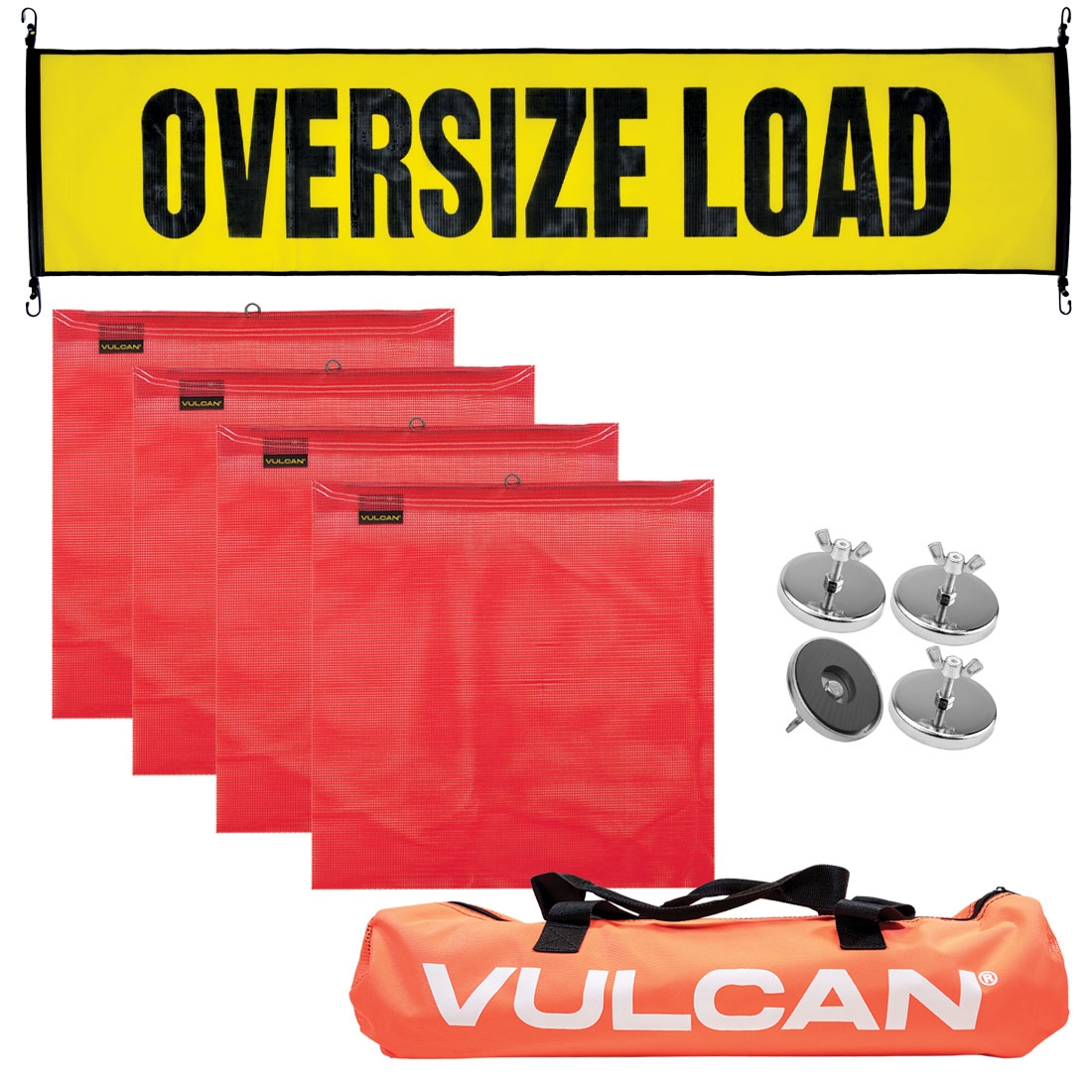 VULCAN Banner, Flags and Magnets Kit, 1 Basic Stretch Cord Oversize Load Banner, 4 Magnets, 4 Red Flags, and Bag