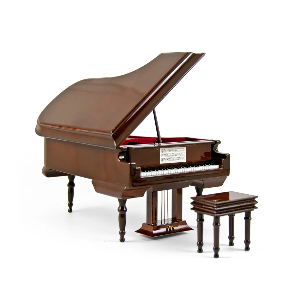 Sophisticated 18 Note Miniature Musical Hi-Gloss Brown Grand Piano with Bench - Jack and Jill